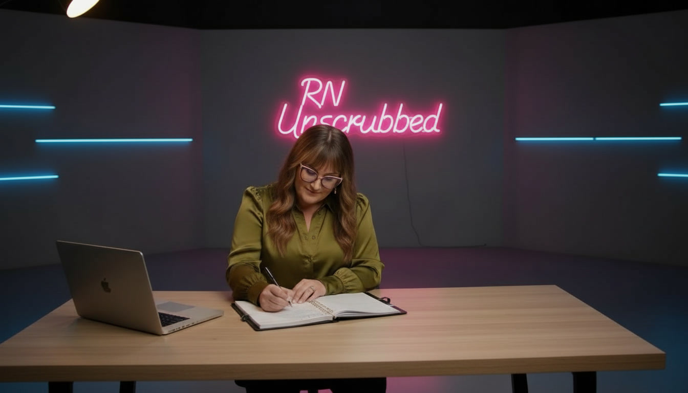 The founder writing in her planner at a studio desk in front of the glowing RN Unscrubbed neon sign