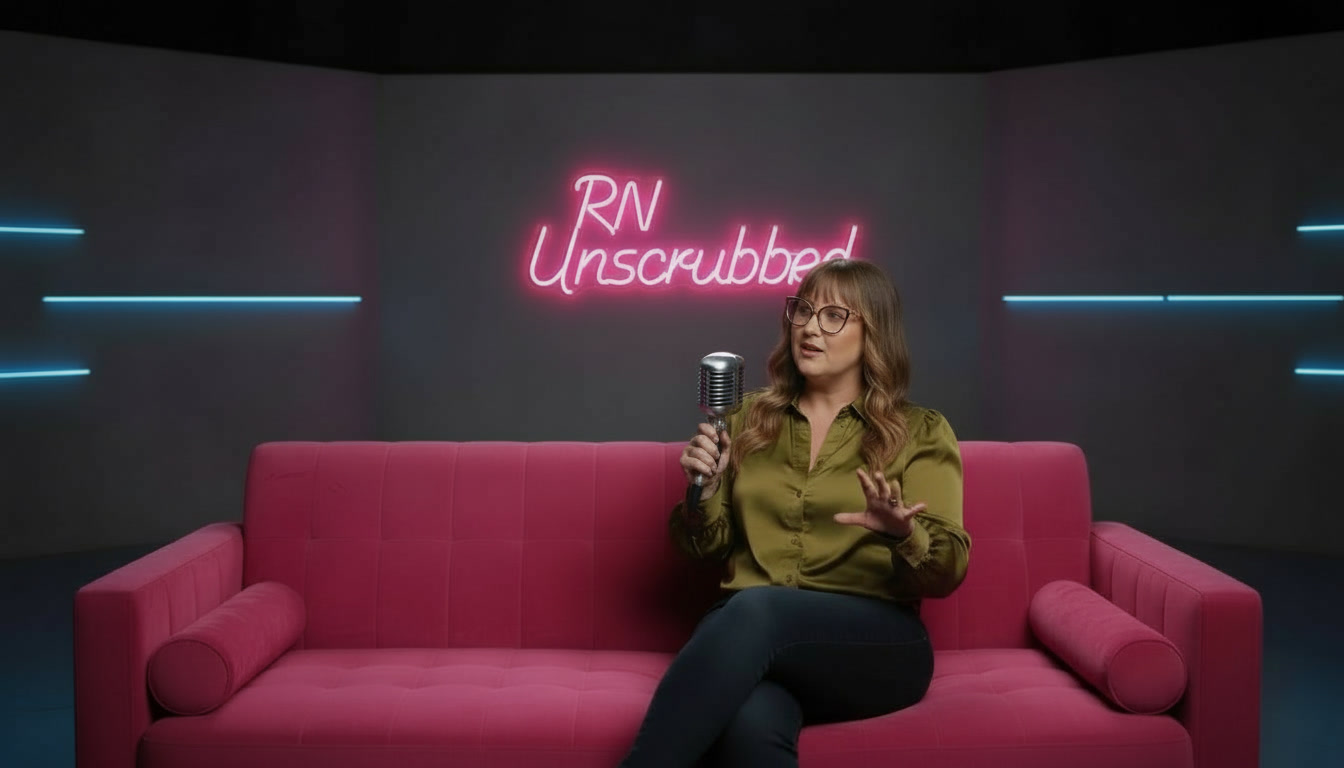 The founder on a pink studio couch with a vintage microphone, in front of a glowing RN Unscrubbed neon sign
