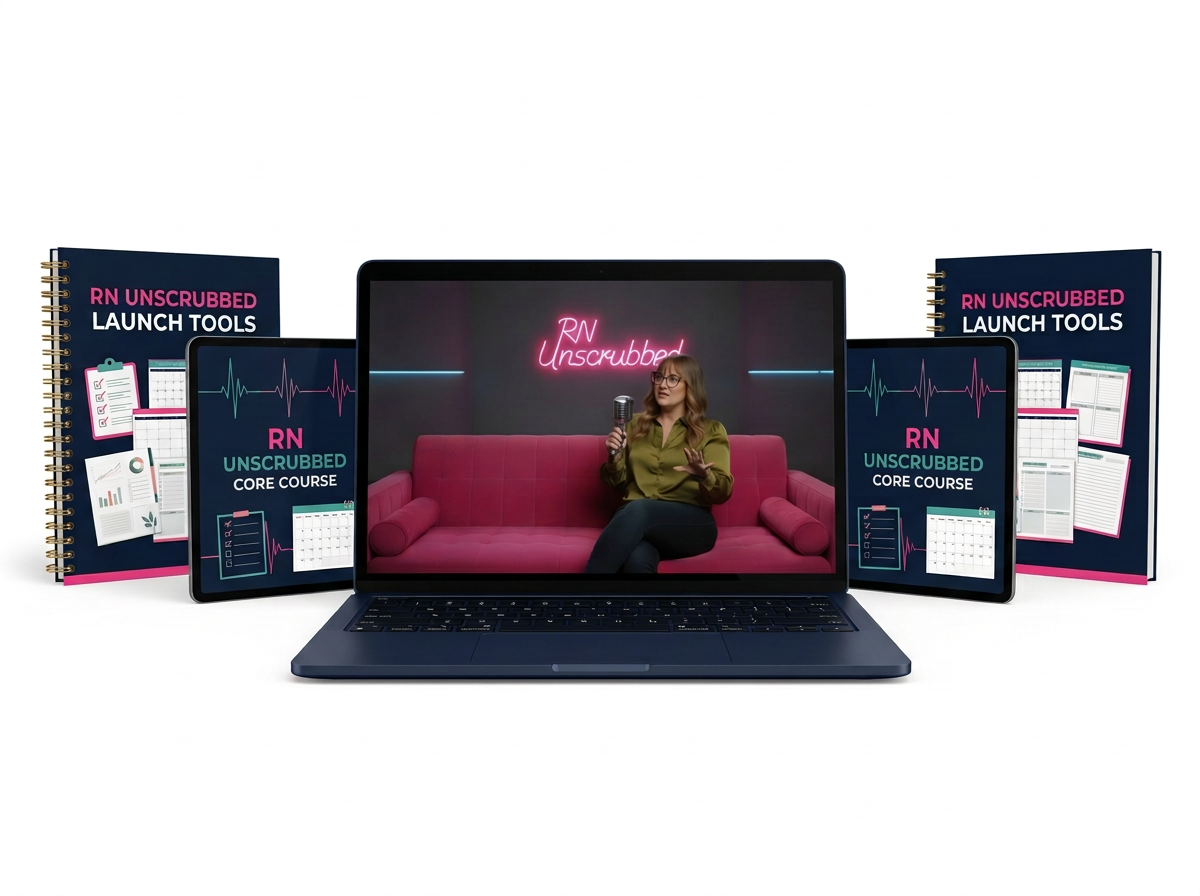 Bedside to Buy Button course and Launch Tools displayed on a laptop, tablets, and spiral workbooks